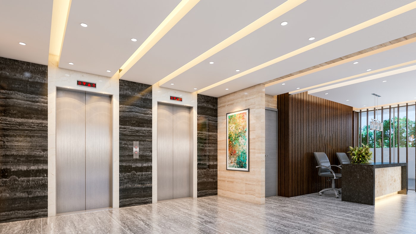 Modern interior elevator lobby — continuous IIoT monitoring